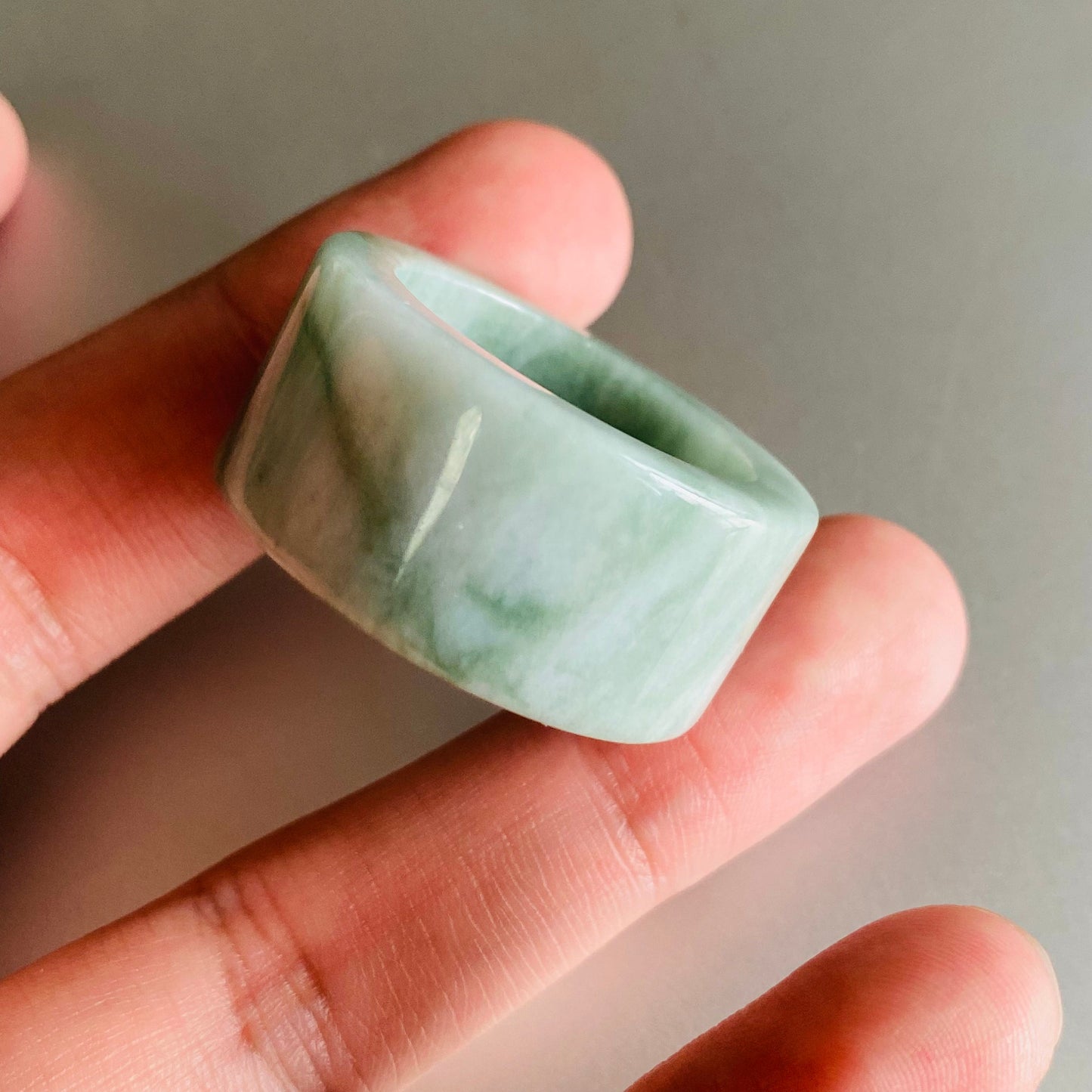 BIG 23.8mm Grade A jade Wide Band Ring Natural Real Jadeite Hand carved bead Green gemstone Burma Lady jadeware Type A stone finger ring