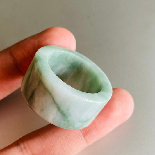 BIG 23.8mm Grade A jade Wide Band Ring Natural Real Jadeite Hand carved bead Green gemstone Burma Lady jadeware Type A stone finger ring