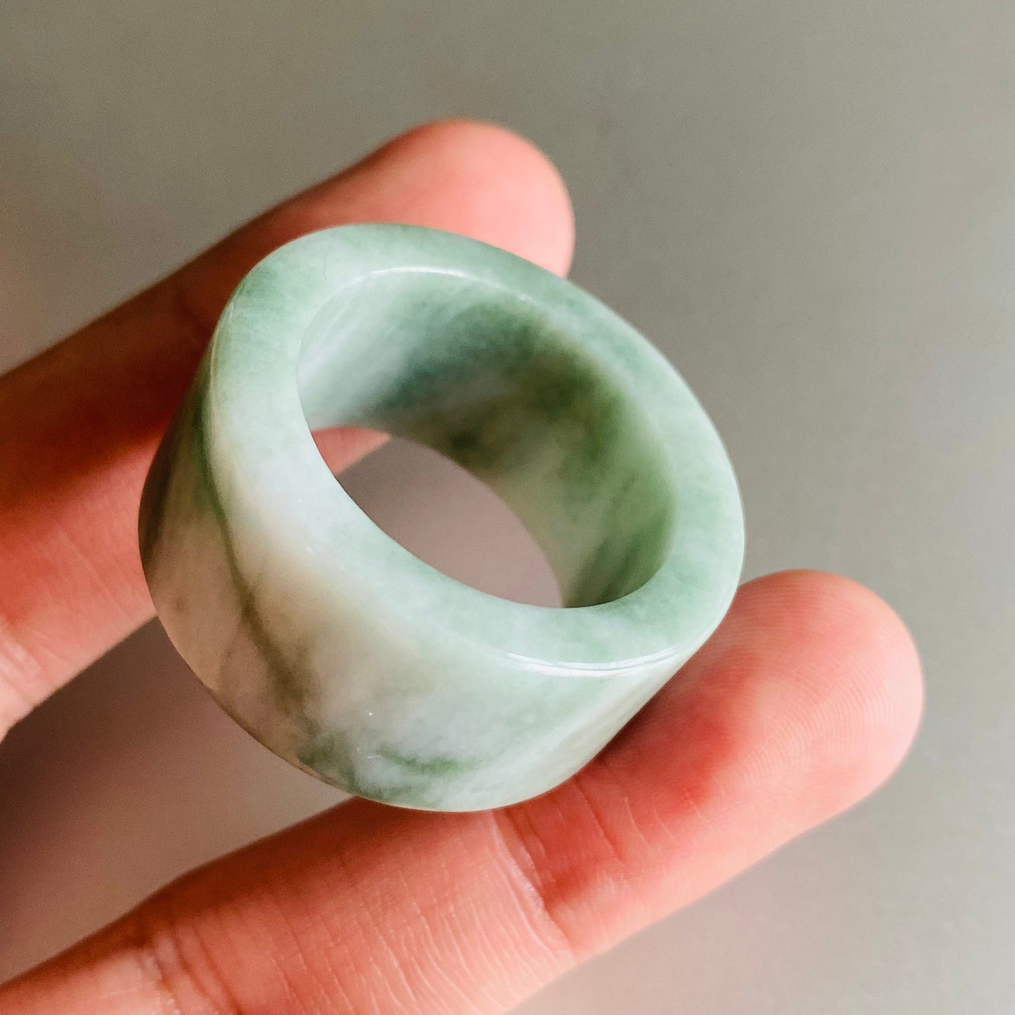 BIG 23.8mm Grade A jade Wide Band Ring Natural Real Jadeite Hand carved bead Green gemstone Burma Lady jadeware Type A stone finger ring