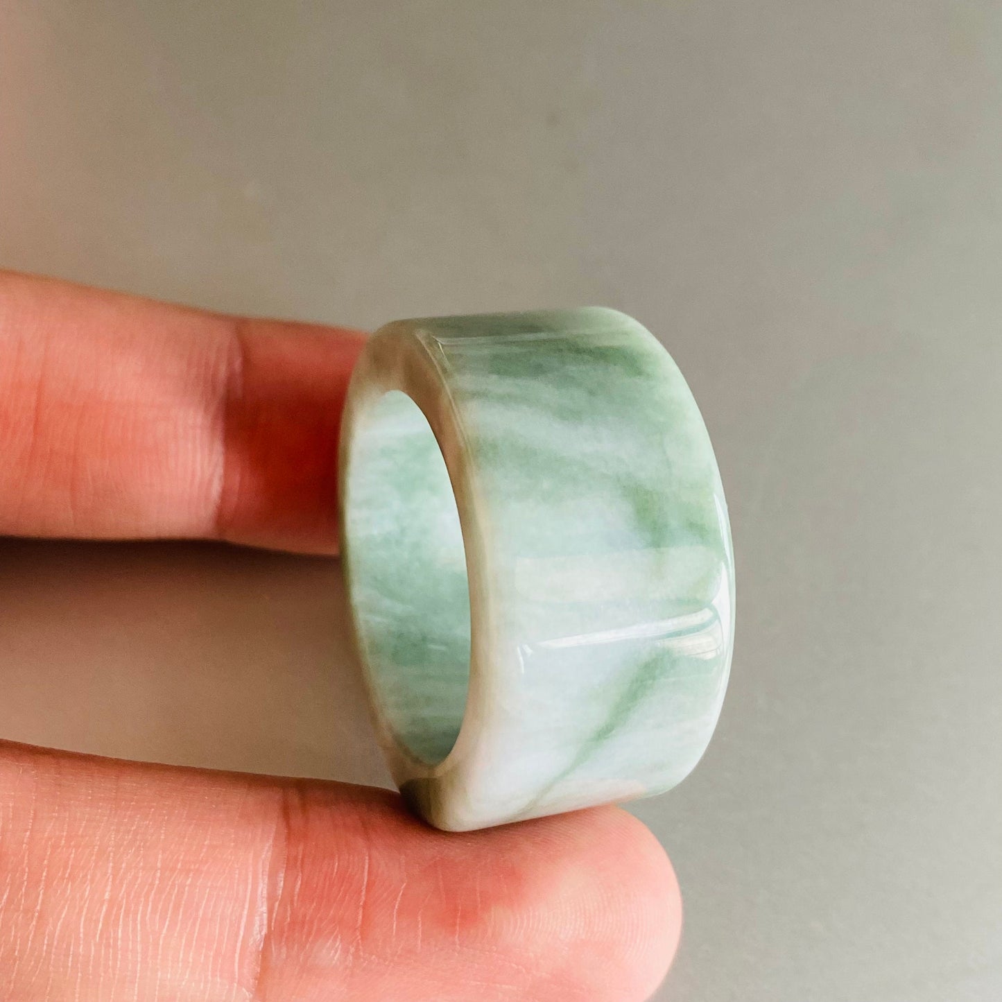 BIG 23.8mm Grade A jade Wide Band Ring Natural Real Jadeite Hand carved bead Green gemstone Burma Lady jadeware Type A stone finger ring