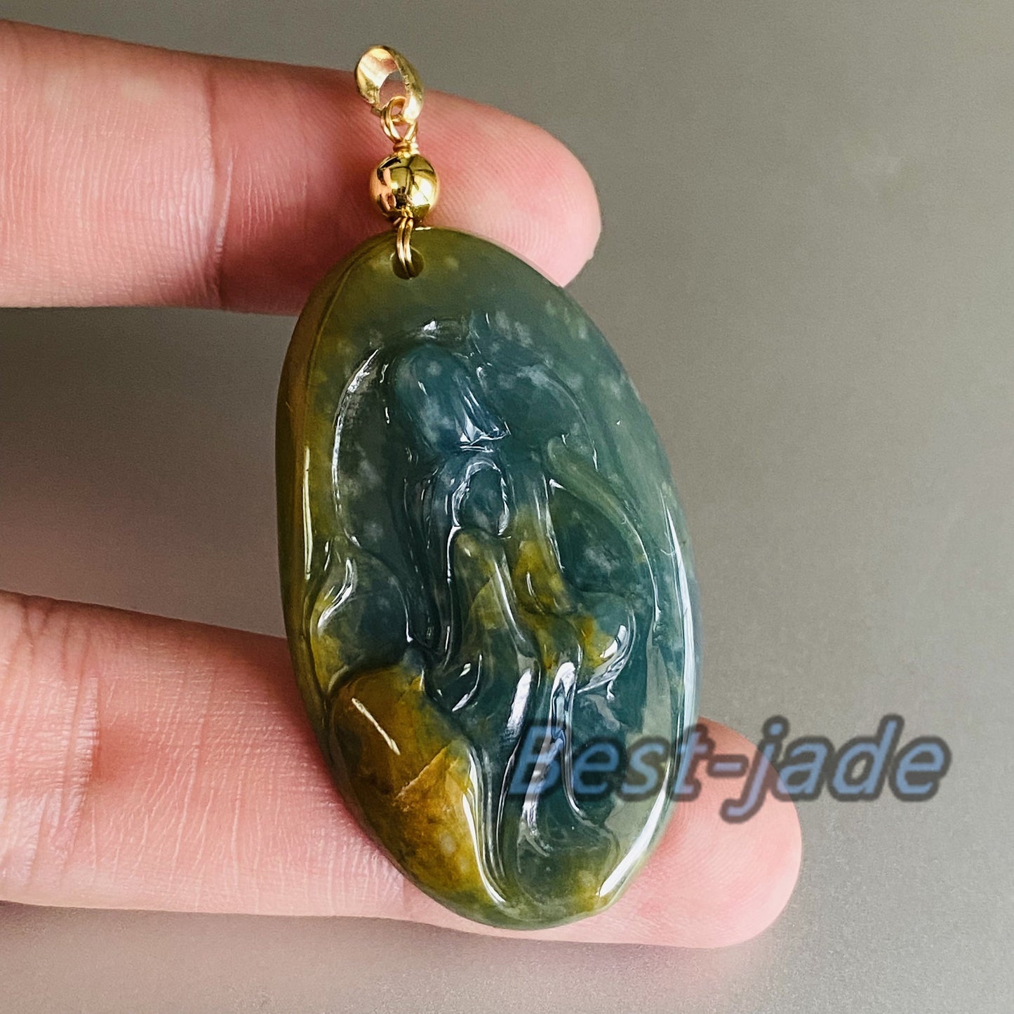 Natural Guatemalan jadeite Translucent Blue Grade A jade Guan yin Buddha pendant with 925 Sterling Silver button bail necklace jade bead