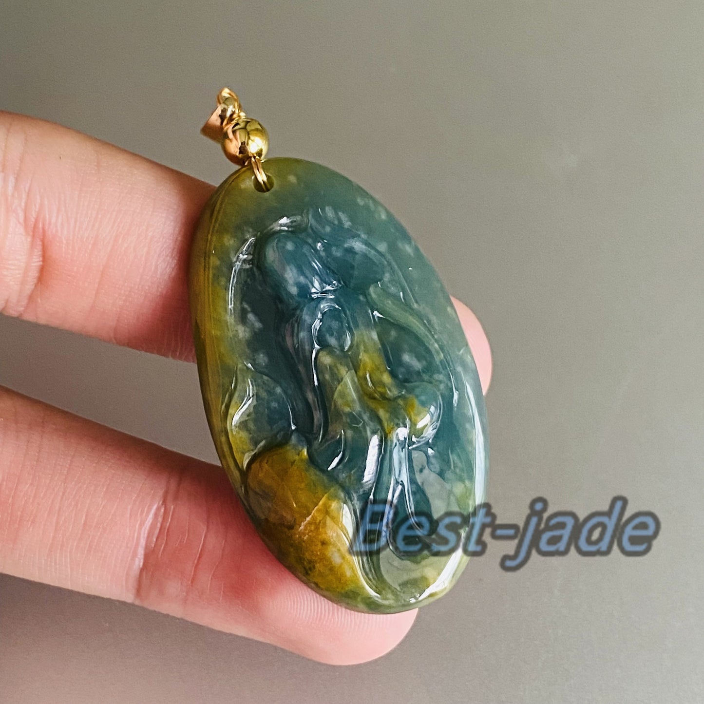 Natural Guatemalan jadeite Translucent Blue Grade A jade Guan yin Buddha pendant with 925 Sterling Silver button bail necklace jade bead