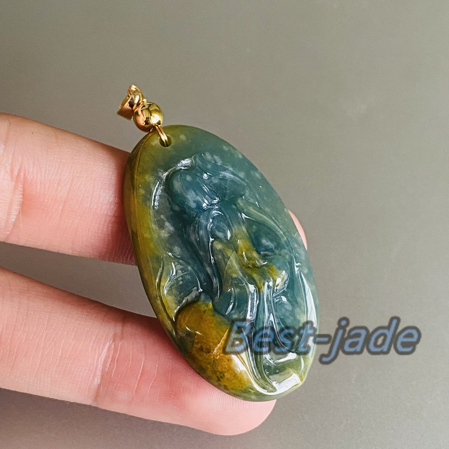 Natural Guatemalan jadeite Translucent Blue Grade A jade Guan yin Buddha pendant with 925 Sterling Silver button bail necklace jade bead