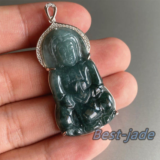 Natural Guatemalan jadeite Translucent Blue Grade A jade Guan yin Buddha pendant with 925 Sterling Silver button bail necklace jade bead