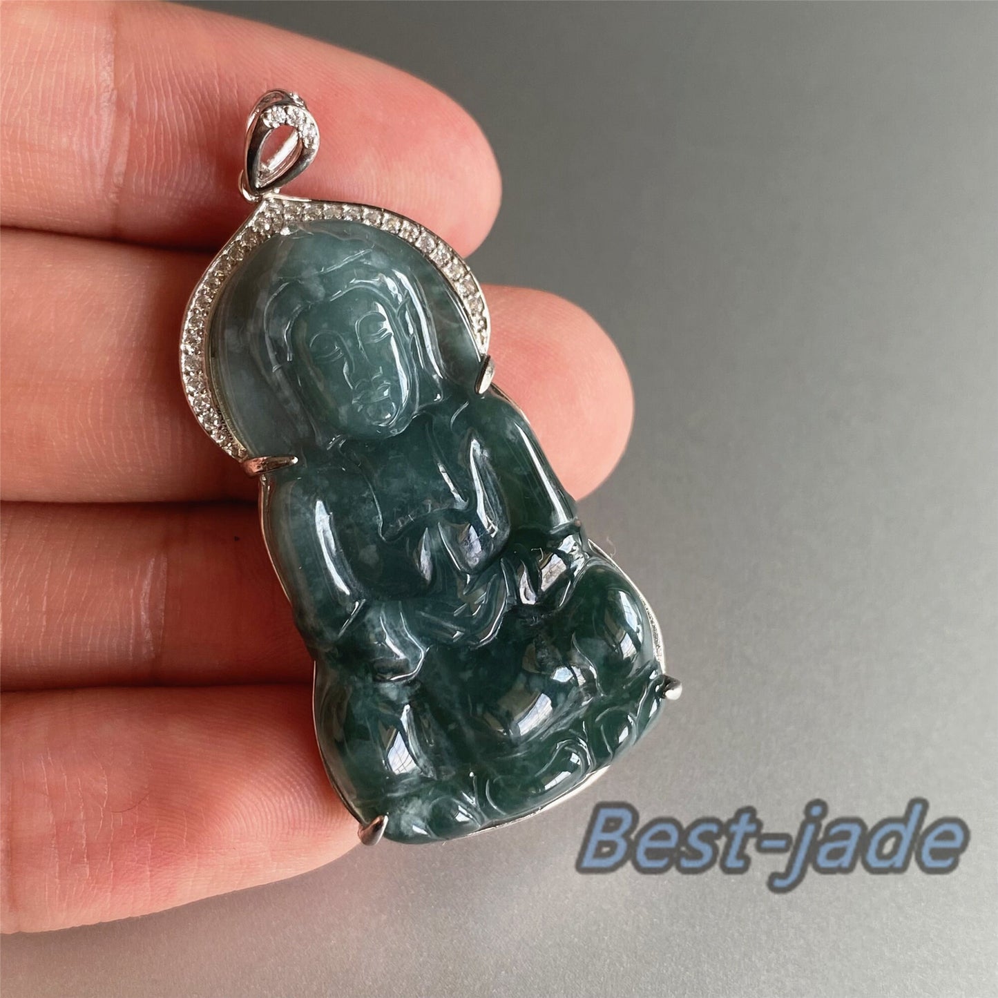 Natural Guatemalan jadeite Translucent Blue Grade A jade Guan yin Buddha pendant with 925 Sterling Silver button bail necklace jade bead