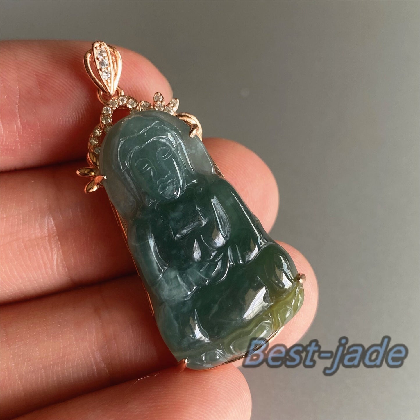 31.3mm Natural Guatemalan jadeite Translucent Blue Grade A jade Guan yin Buddha pendant with 925 Sterling button bail necklace jade bead