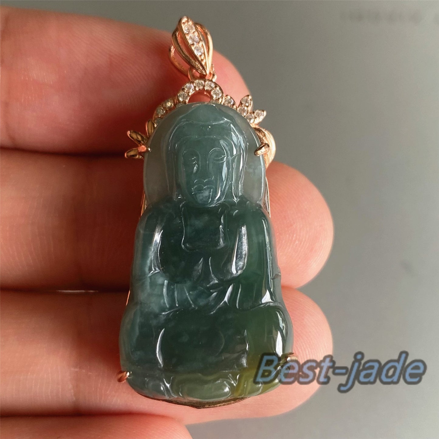 31.3mm Natural Guatemalan jadeite Translucent Blue Grade A jade Guan yin Buddha pendant with 925 Sterling button bail necklace jade bead