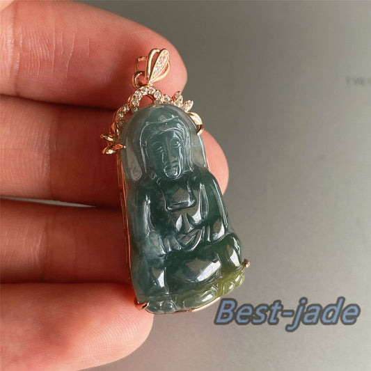 31.3mm Natural Guatemalan jadeite Translucent Blue Grade A jade Guan yin Buddha pendant with 925 Sterling button bail necklace jade bead