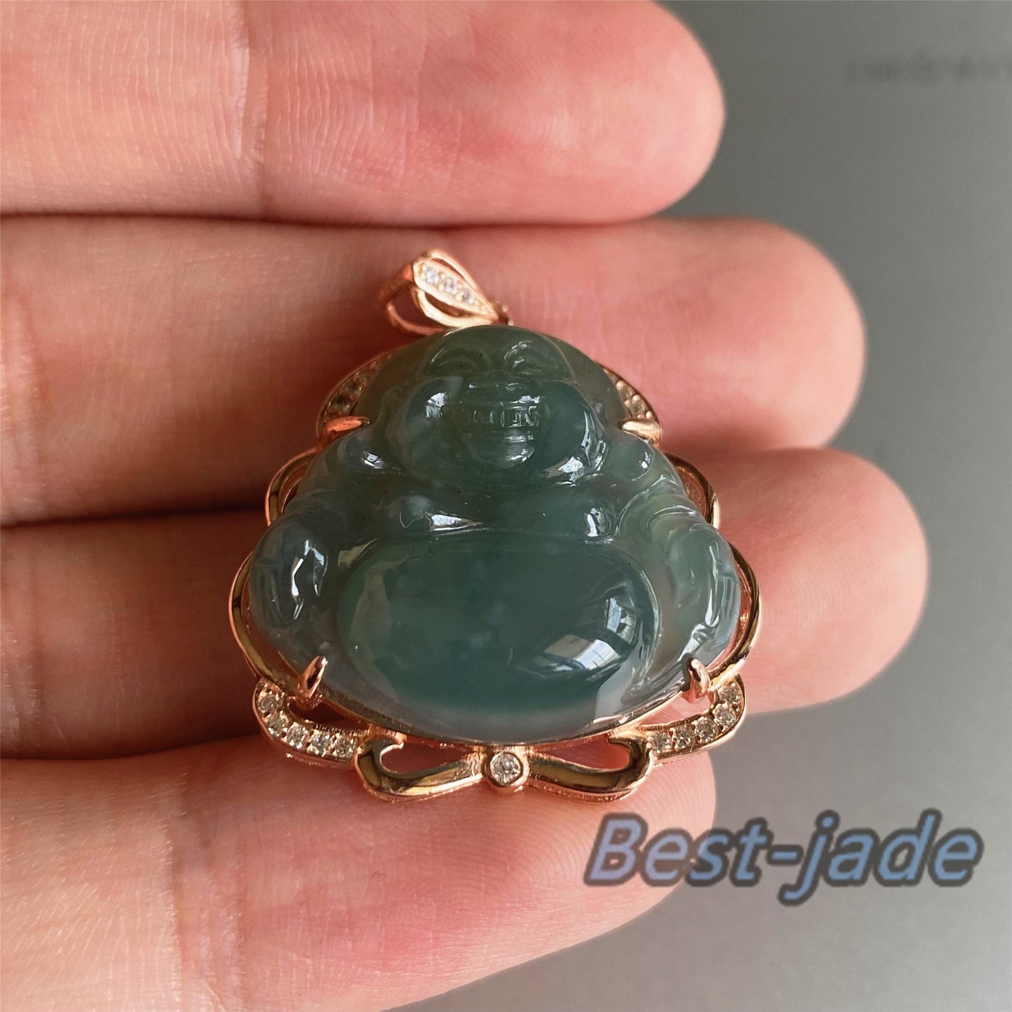 Natural Guatemalan jadeite Translucent Blue Grade A jade Guan yin Buddha pendant with 925 Sterling Silver button bail necklace jade bead 弥勒佛