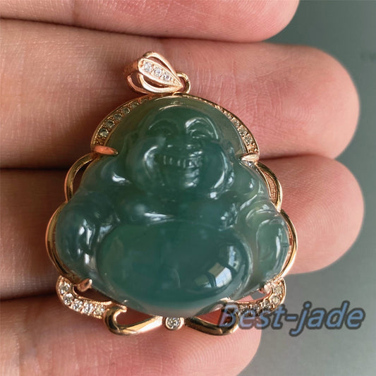 Natural Guatemalan jadeite Translucent Blue Grade A jade Guan yin Buddha pendant with 925 Sterling Silver button bail necklace jade bead 弥勒佛