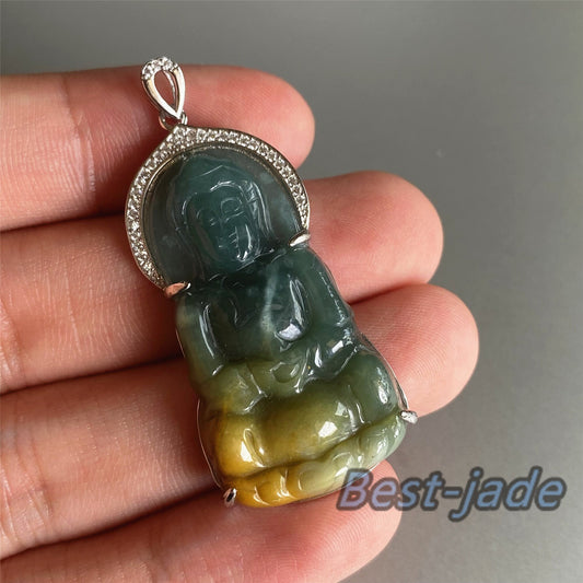 Natural Guatemalan jadeite Translucent Blue Grade A jade Guan yin Buddha pendant with 925 Sterling Silver button bail necklace jade bead 弥勒佛