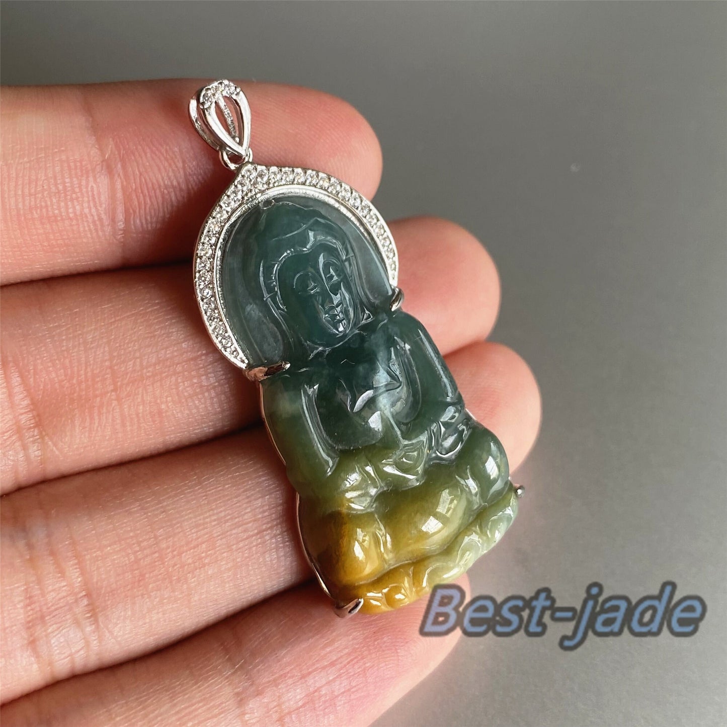 Natural Guatemalan jadeite Translucent Blue Grade A jade Guan yin Buddha pendant with 925 Sterling Silver button bail necklace jade bead 弥勒佛