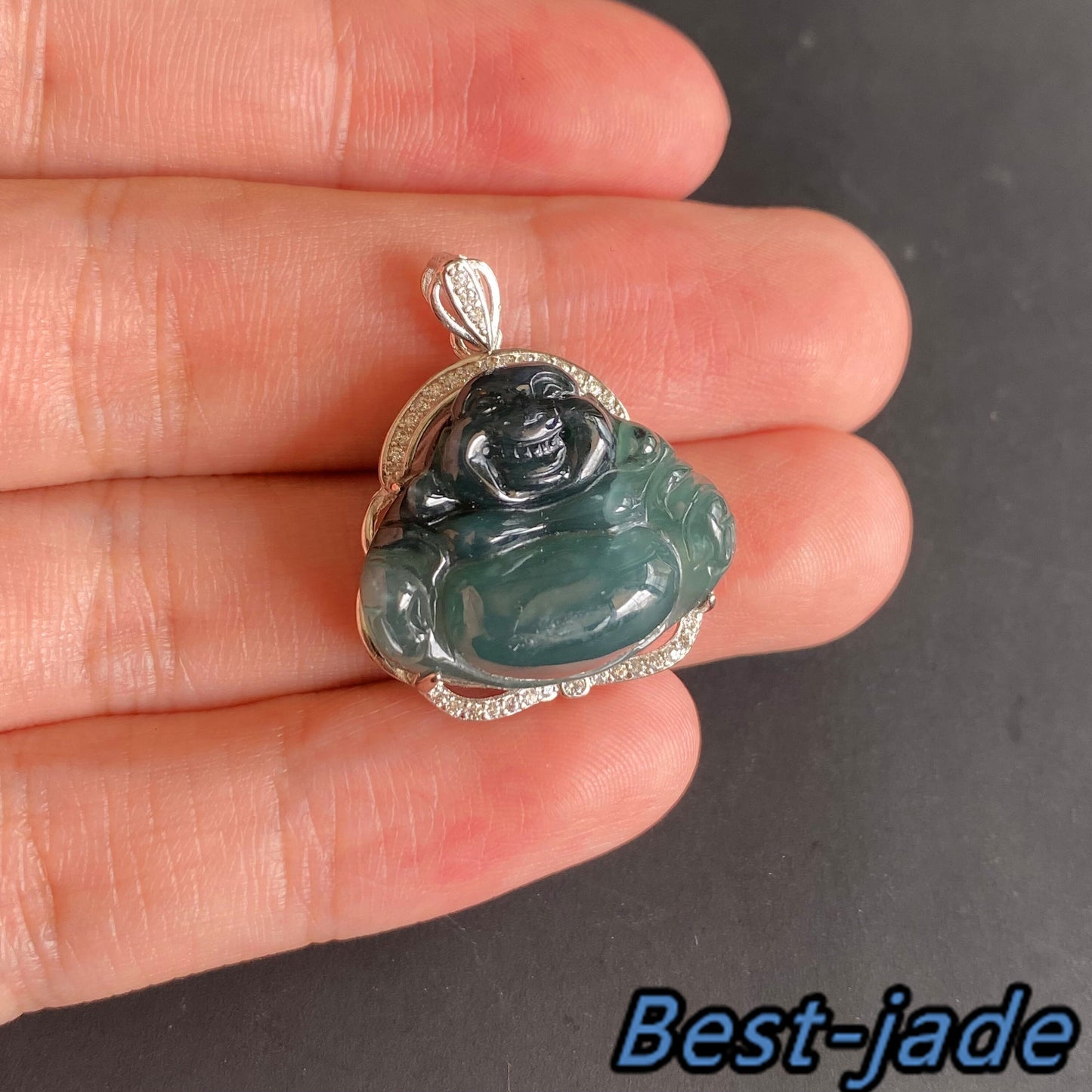 Natural Guatemalan jadeite Translucent Blue Grade A jade Guan yin Buddha pendant with 925 Sterling Silver button bail necklace jade bead 弥勒佛