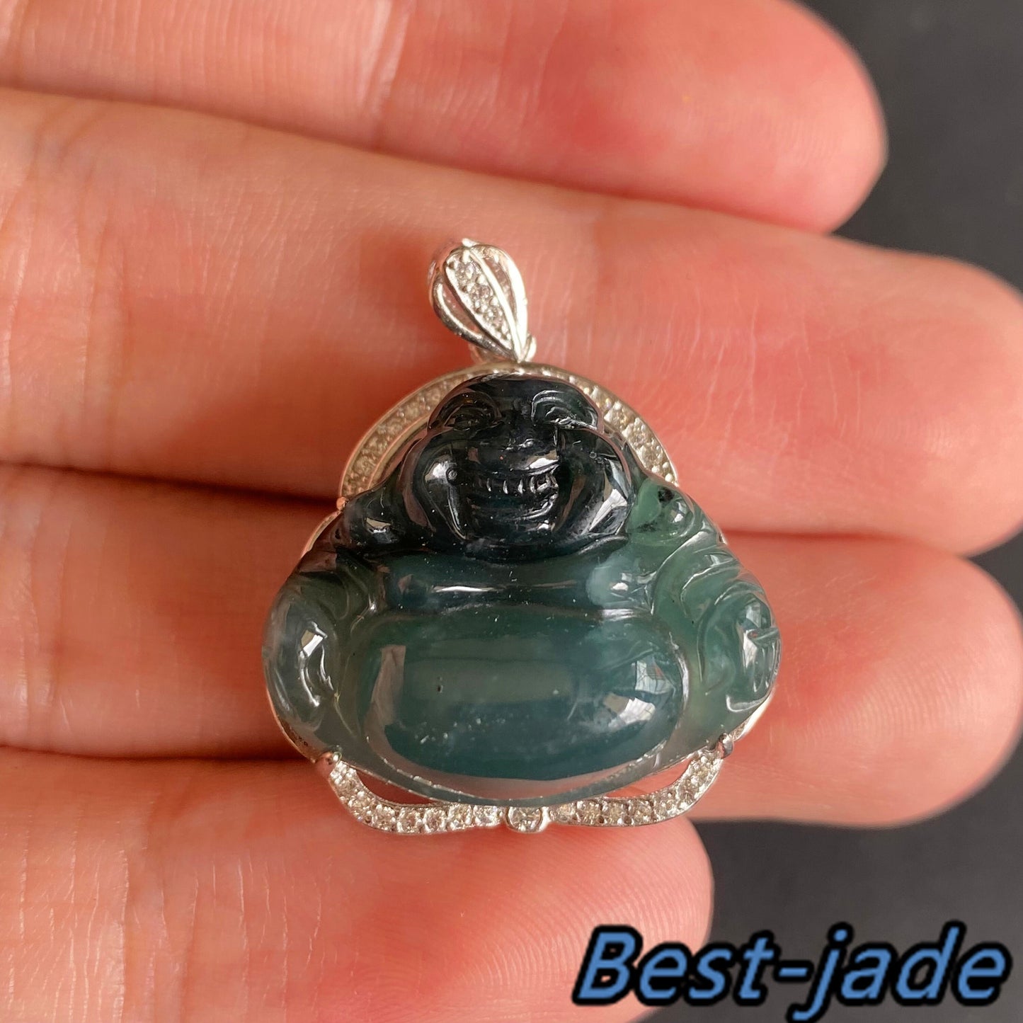 Natural Guatemalan jadeite Translucent Blue Grade A jade Guan yin Buddha pendant with 925 Sterling Silver button bail necklace jade bead 弥勒佛