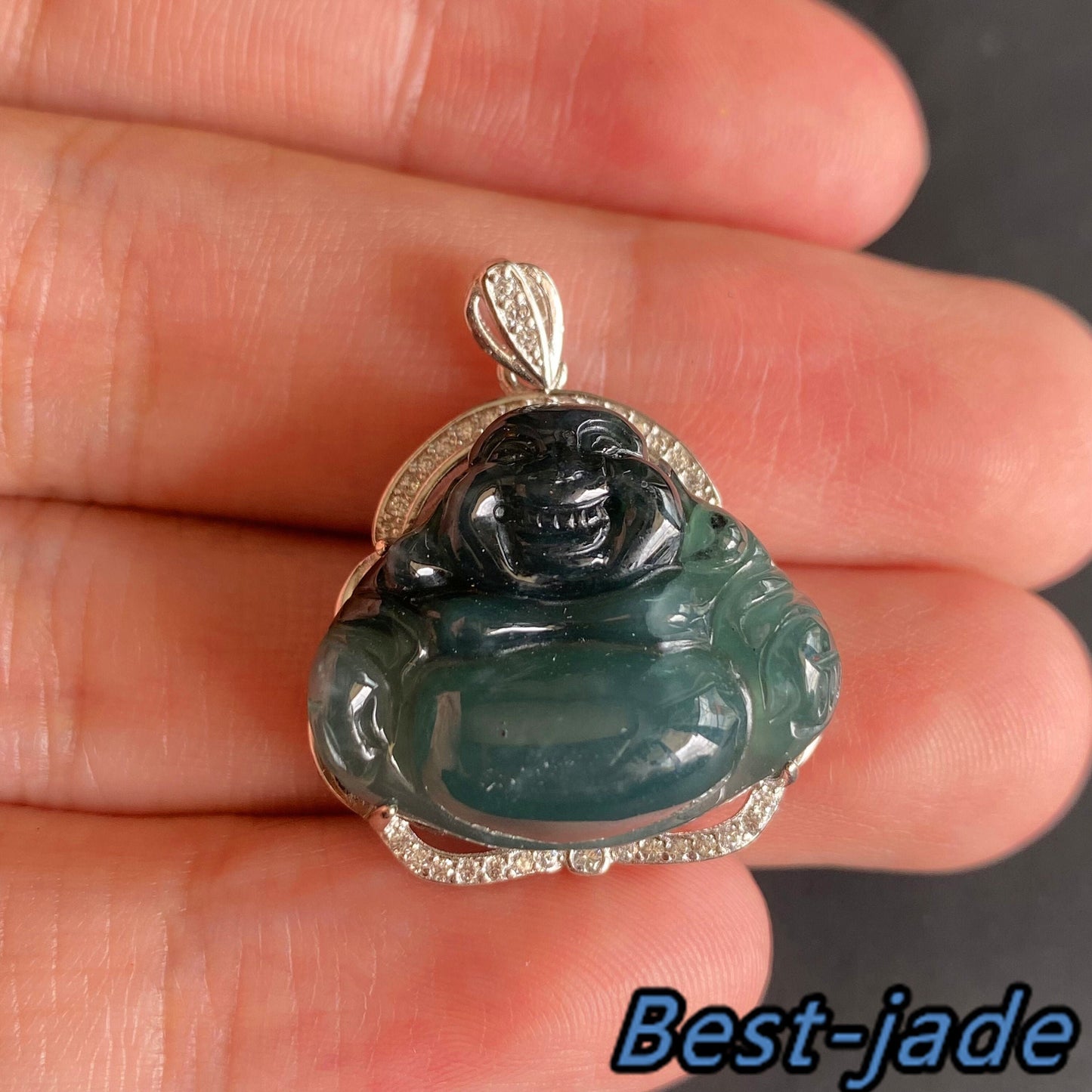 Natural Guatemalan jadeite Translucent Blue Grade A jade Guan yin Buddha pendant with 925 Sterling Silver button bail necklace jade bead 弥勒佛