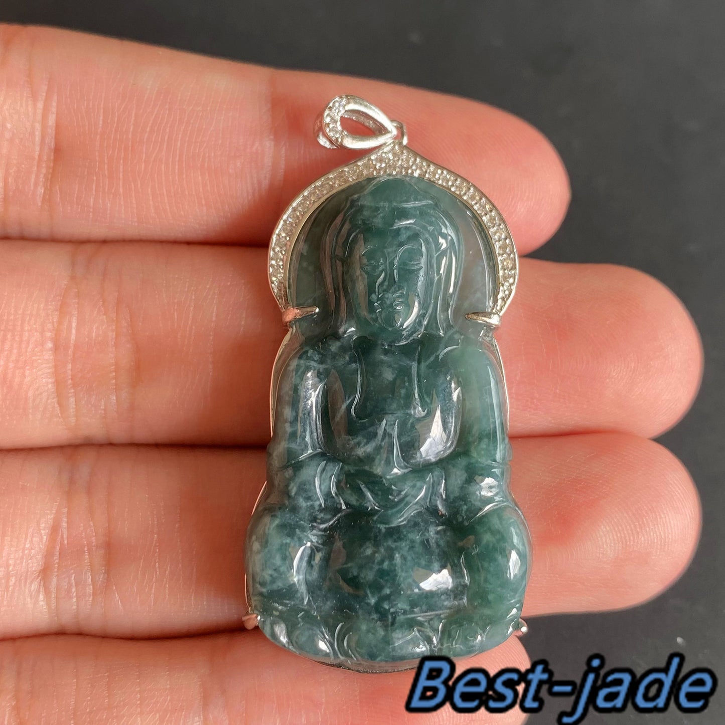 Natural Guatemalan jadeite Translucent Blue Grade A jade Guan yin Buddha pendant with 925 Sterling Silver button bail necklace jade bead 弥勒佛