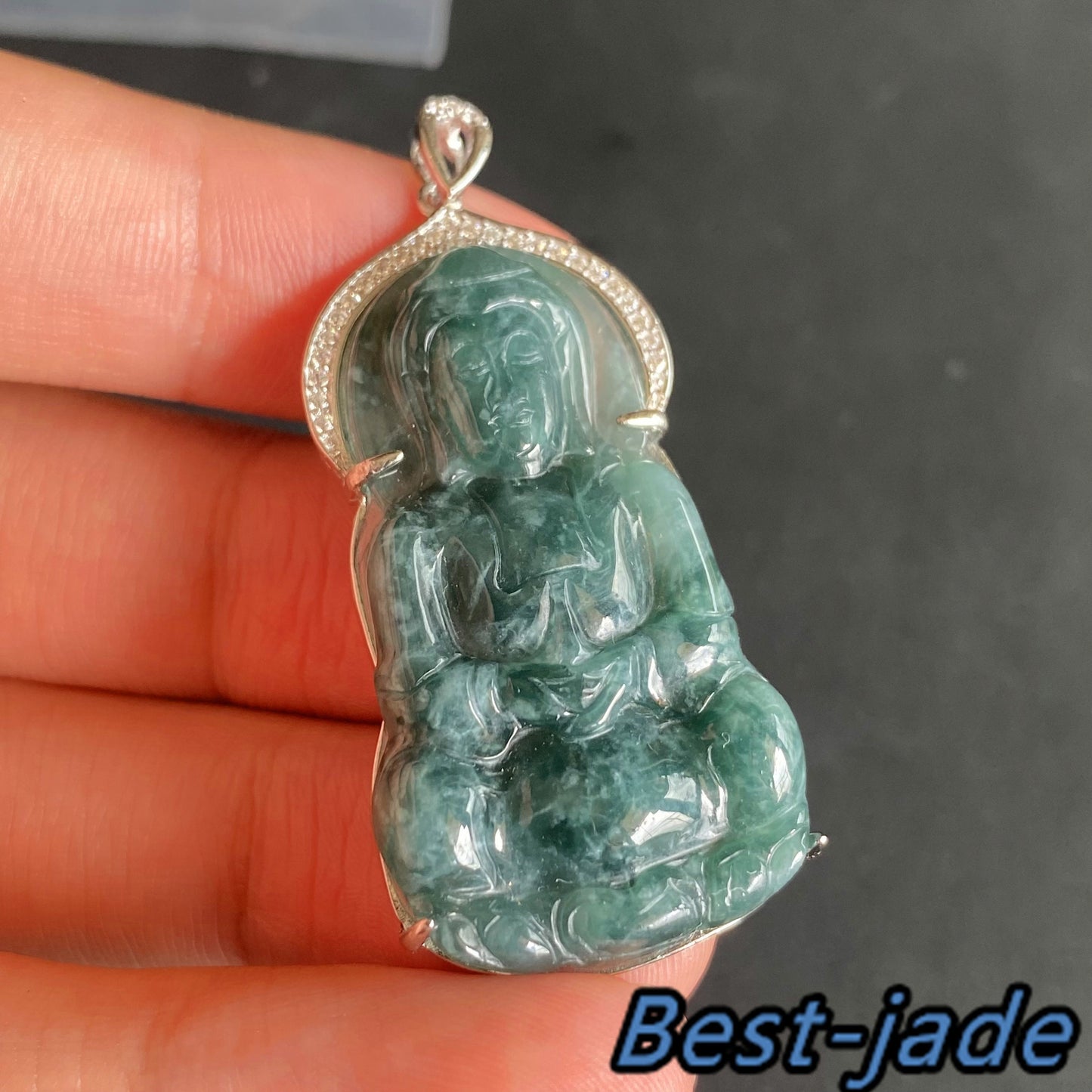 Natural Guatemalan jadeite Translucent Blue Grade A jade Guan yin Buddha pendant with 925 Sterling Silver button bail necklace jade bead 弥勒佛