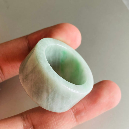 BIG 23.7mm Grade A jade Wide Band Ring Natural Real Jadeite Hand carved bead Green gemstone Burma Lady jadeware Type A stone finger ring