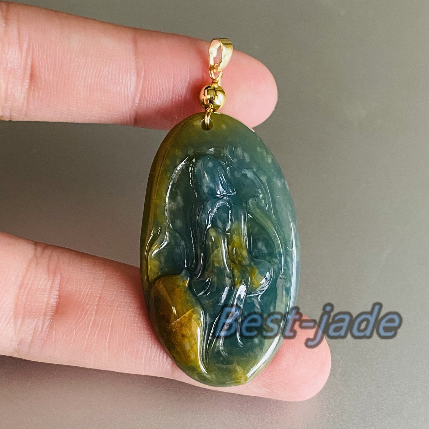 Natural Guatemalan jadeite Translucent Blue Grade A jade Guan yin Buddha pendant with 925 Sterling Silver button bail necklace jade bead