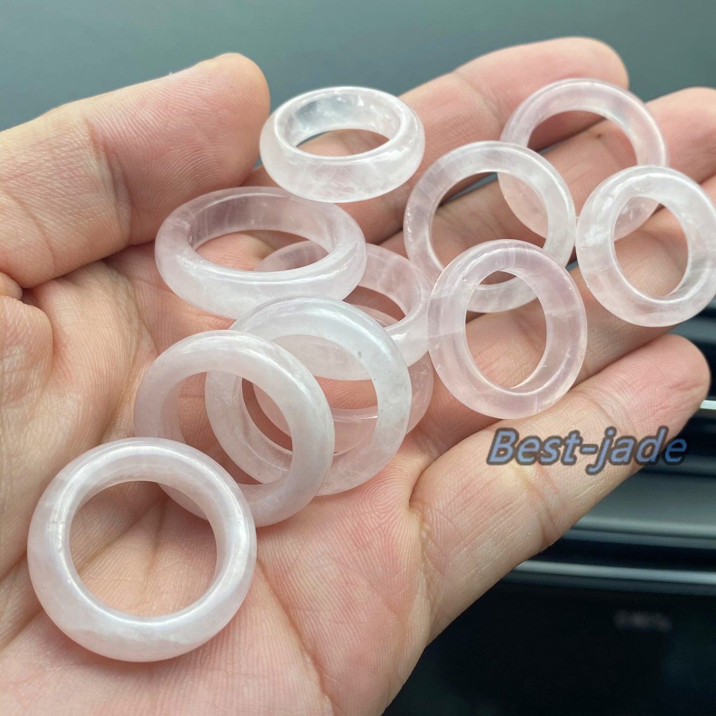 Wholesale US size 4-12 Natural Rose Quartz ring transparent pink Crystal finger band ring clear Solid Quartz stone lady gemstone jade gift