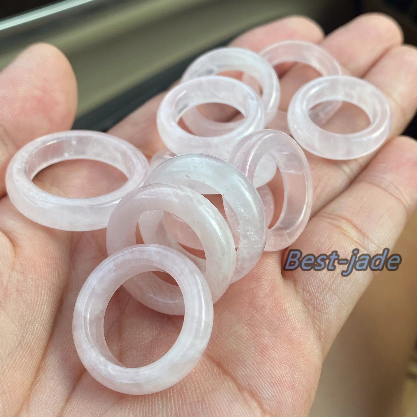 Wholesale US size 4-12 Natural Rose Quartz ring transparent pink Crystal finger band ring clear Solid Quartz stone lady gemstone jade gift