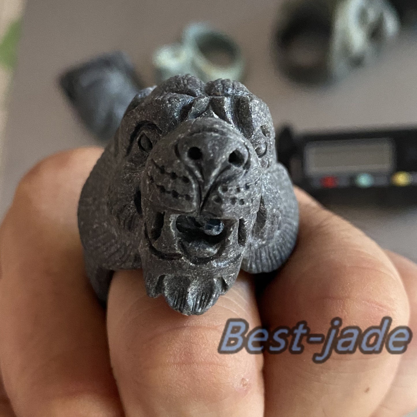 3D Tiger 21.4mm Natural Black Grade A jade Band Ring Hand carved Burma jadeite animal Rough stone Man jewelry gift