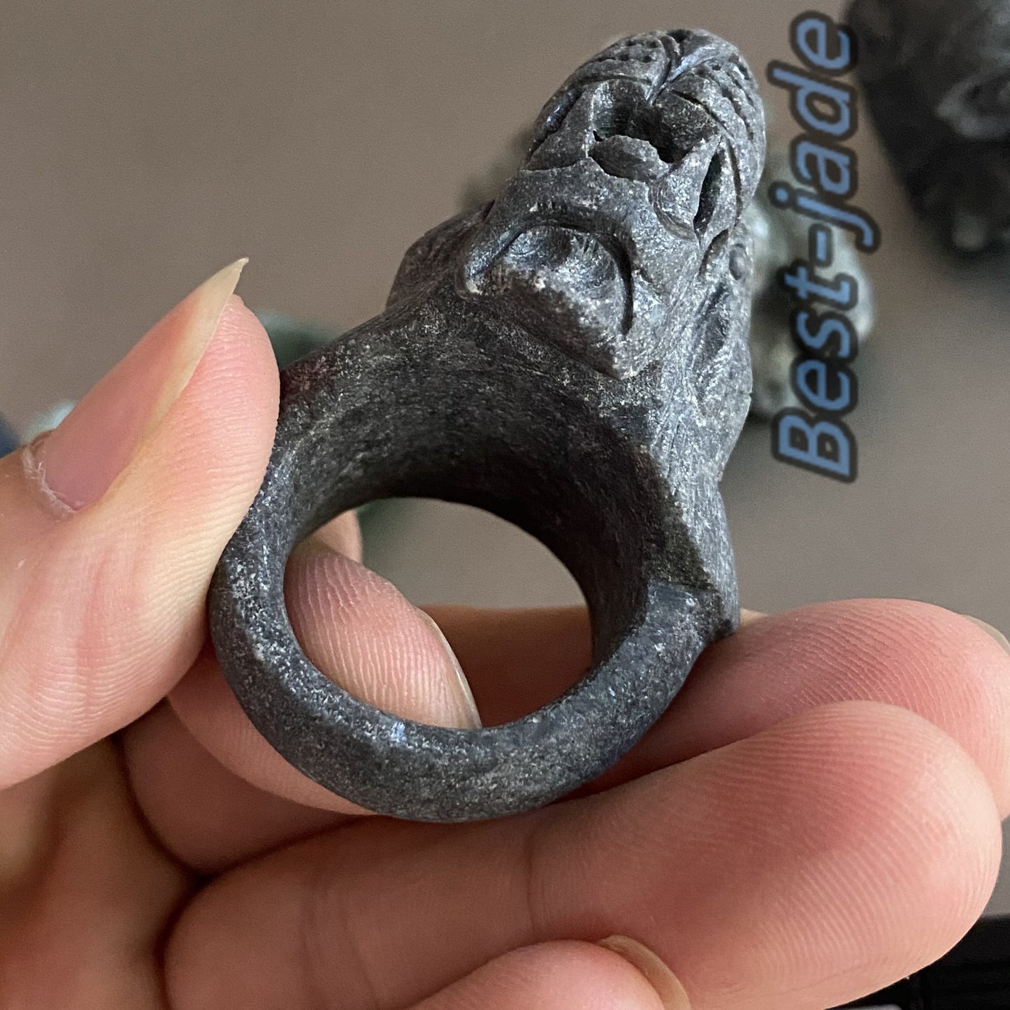 3D Tiger 21.4mm Natural Black Grade A jade Band Ring Hand carved Burma jadeite animal Rough stone Man jewelry gift