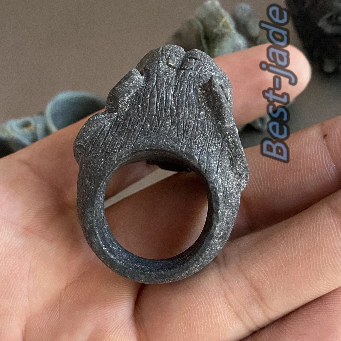 3D Tiger 21.4mm Natural Black Grade A jade Band Ring Hand carved Burma jadeite animal Rough stone Man jewelry gift