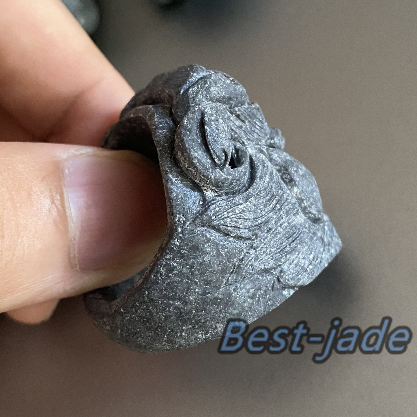 3D 钟馗 Natural Black Grade A jade Band Ring Hand carved Burma jadeite animal Rough stone Man jewelry gift