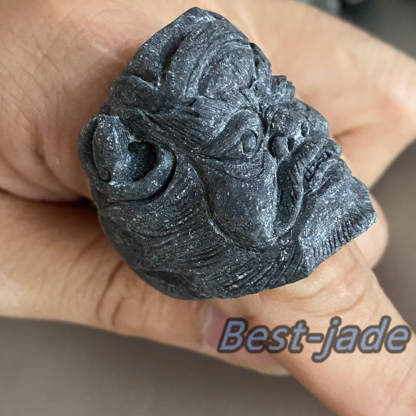 3D 钟馗 Natural Black Grade A jade Band Ring Hand carved Burma jadeite animal Rough stone Man jewelry gift