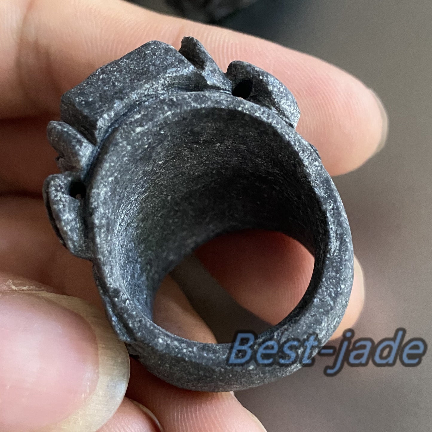 3D 钟馗 Natural Black Grade A jade Band Ring Hand carved Burma jadeite animal Rough stone Man jewelry gift