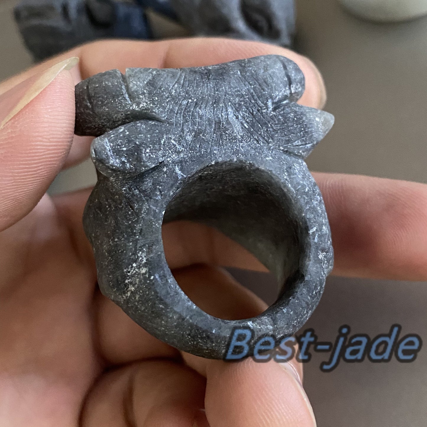 3D OX Natural Black Grade A jade Band Ring Hand carved Burma jadeite animal cow Rough stone Man jewelry gift