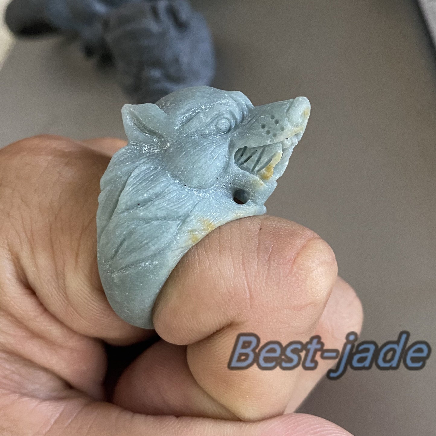 3D wolf Natural Black Grade A jade Band Ring Hand carved Burma jadeite animal   Rough stone Man jewelry gift