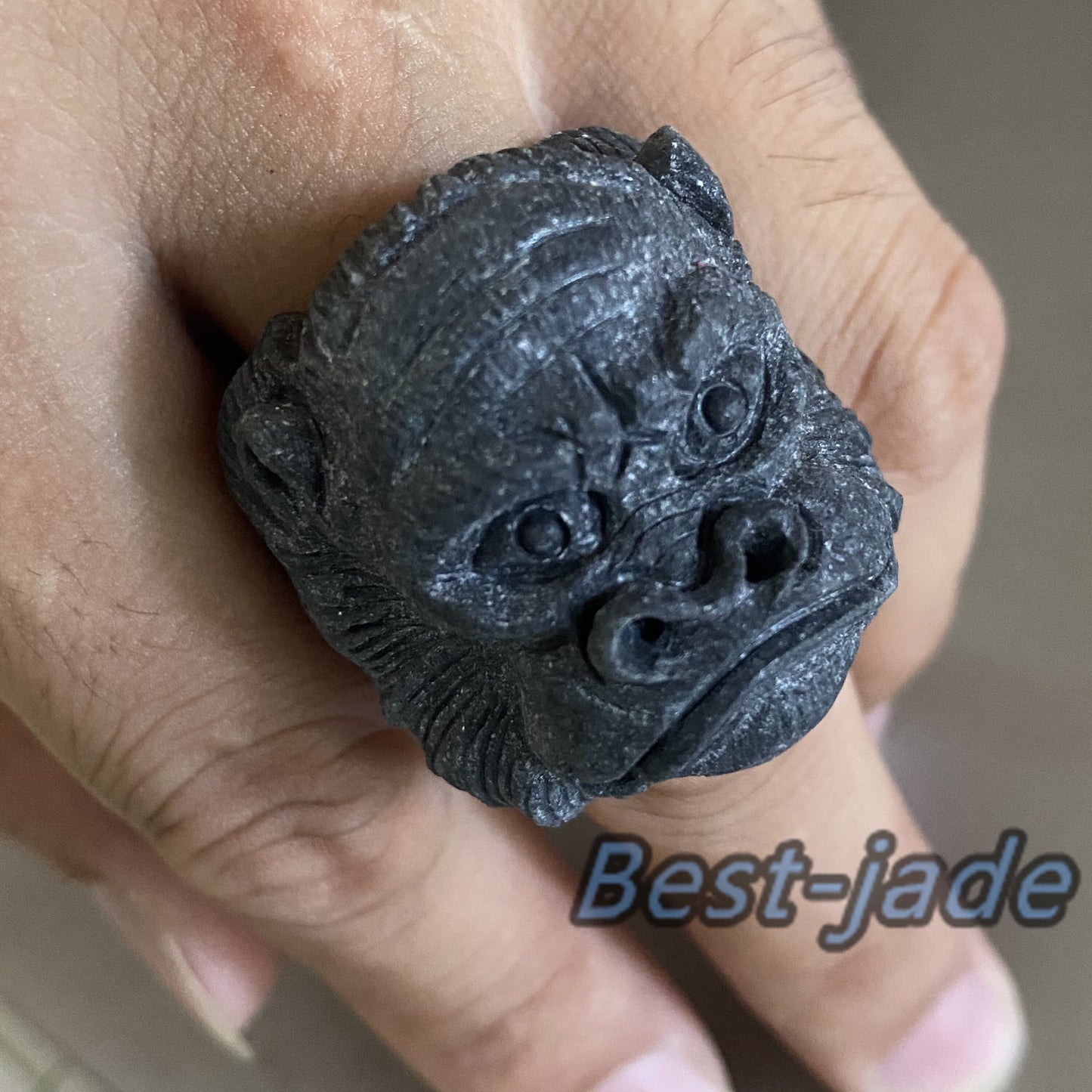 3D Gorilla Natural Black Grade A jade Band Ring Hand carved Burma jadeite animal   Rough stone Man jewelry gift