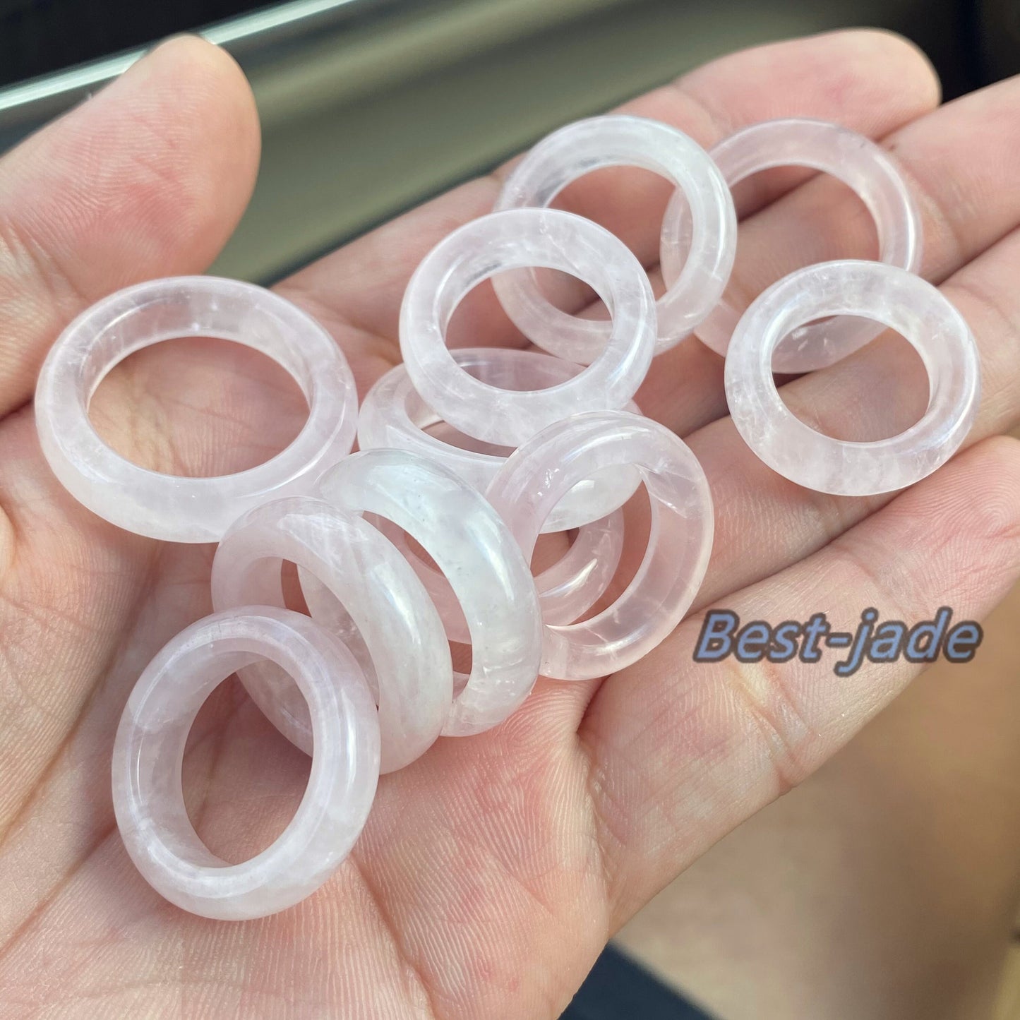 Wholesale US size 4-12 Natural Rose Quartz ring transparent pink Crystal finger band ring clear Solid Quartz stone lady gemstone jade gift