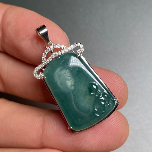 Meditation Buddha Natural Guatemalan jadeite Translucent Blue Grade A jade pendant with 925 Sterling Silver button bail necklace jade 弥勒佛