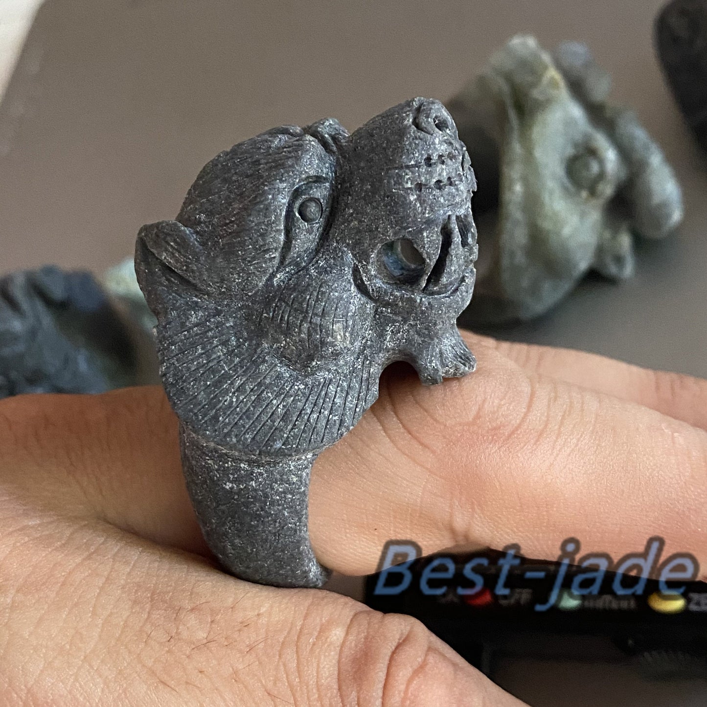 3D Tiger 21.4mm Natural Black Grade A jade Band Ring Hand carved Burma jadeite animal Rough stone Man jewelry gift