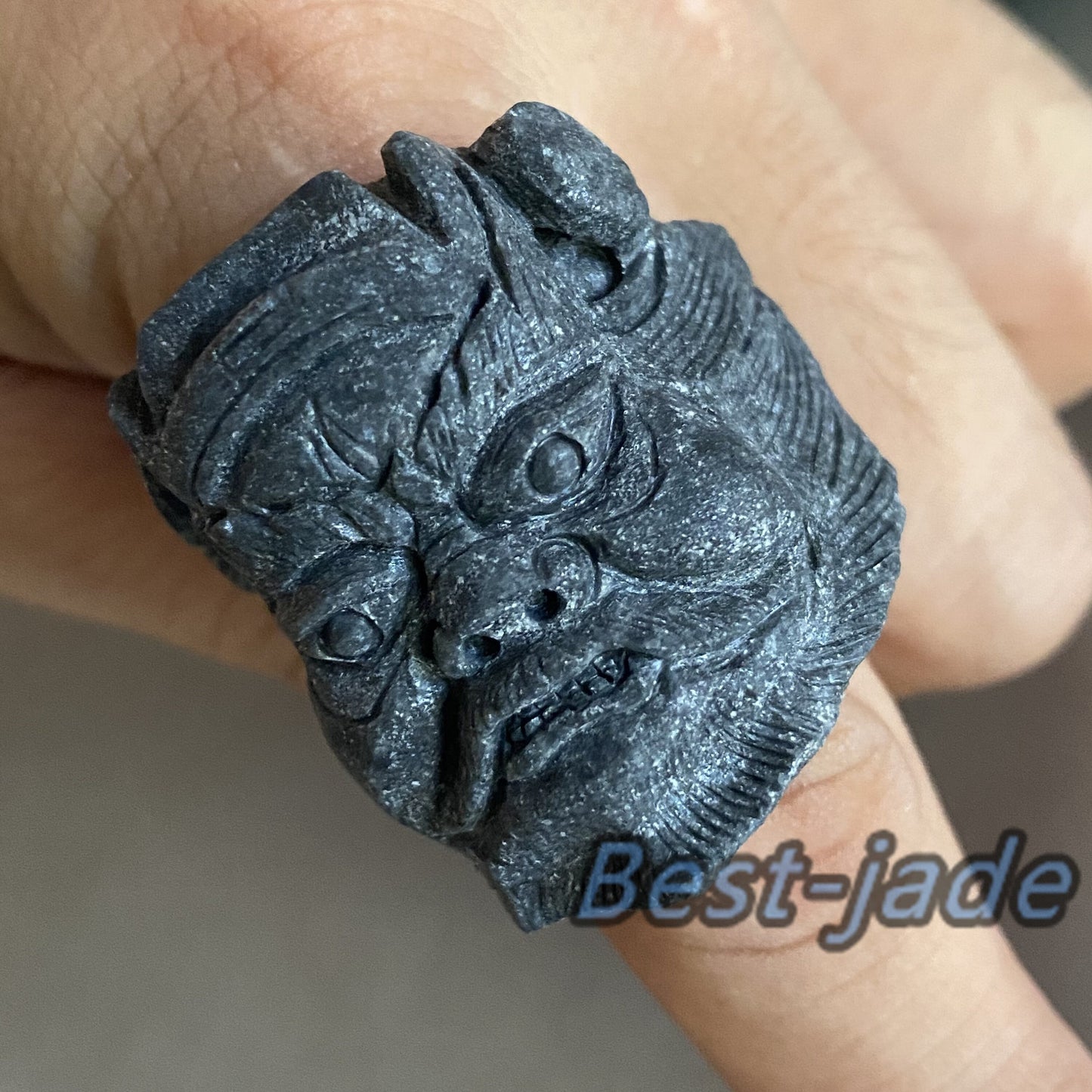 3D 钟馗 Natural Black Grade A jade Band Ring Hand carved Burma jadeite animal Rough stone Man jewelry gift