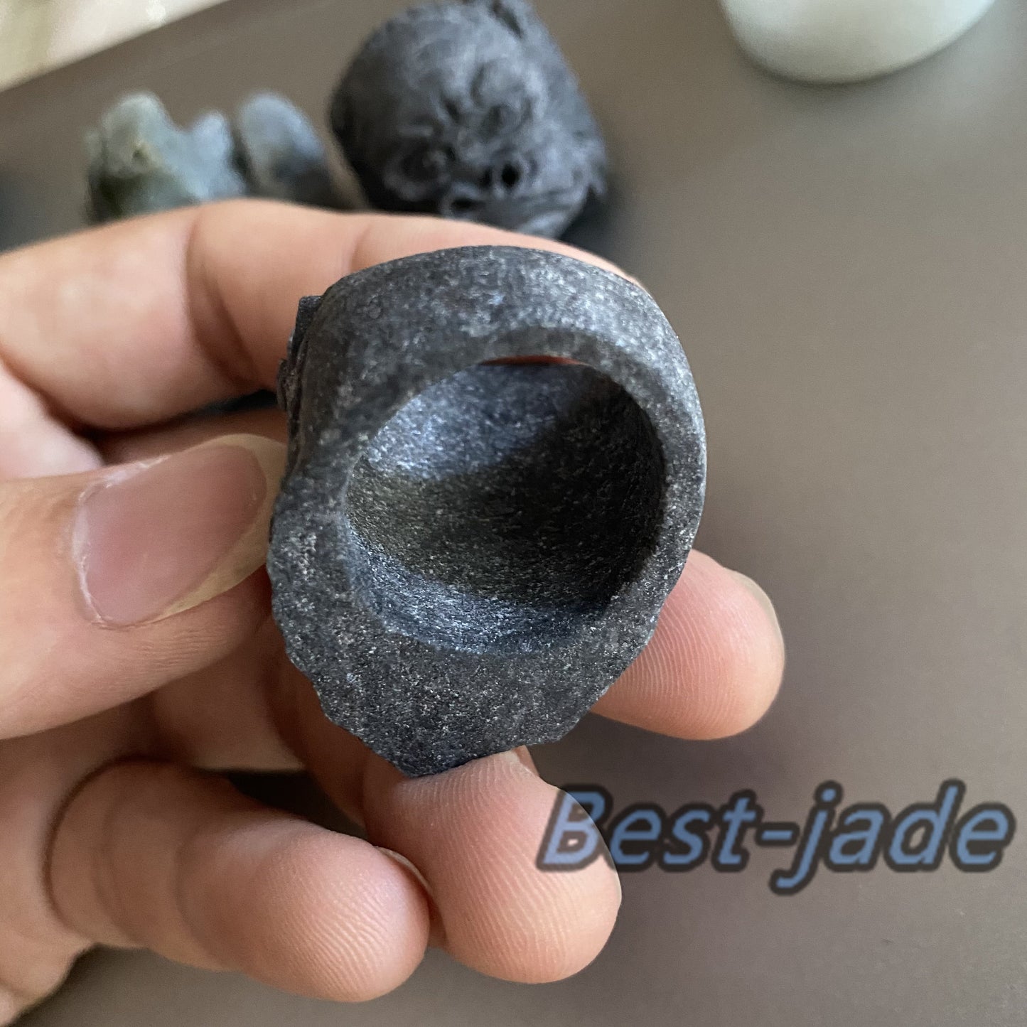 3D 钟馗 Natural Black Grade A jade Band Ring Hand carved Burma jadeite animal Rough stone Man jewelry gift