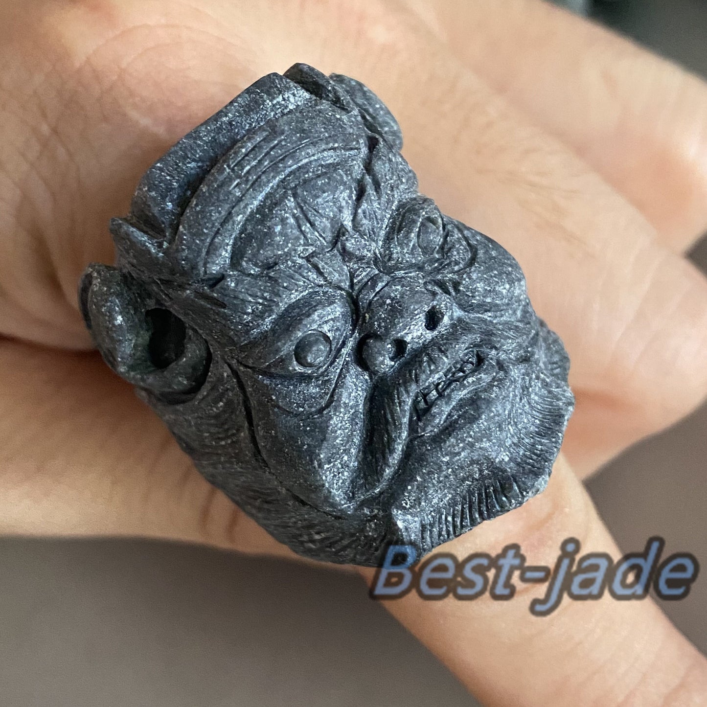 3D 钟馗 Natural Black Grade A jade Band Ring Hand carved Burma jadeite animal Rough stone Man jewelry gift