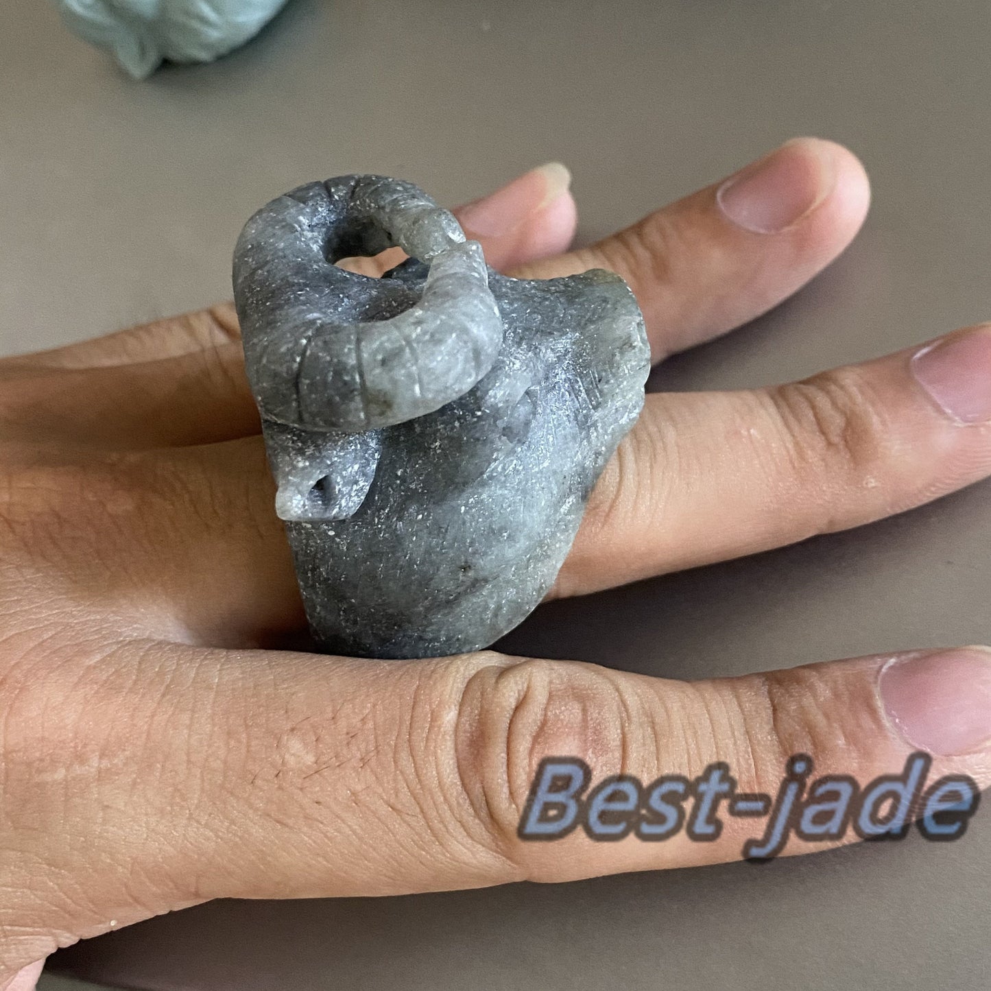 3D OX Natural Black Grade A jade Band Ring Hand carved Burma jadeite animal cow Rough stone Man jewelry gift