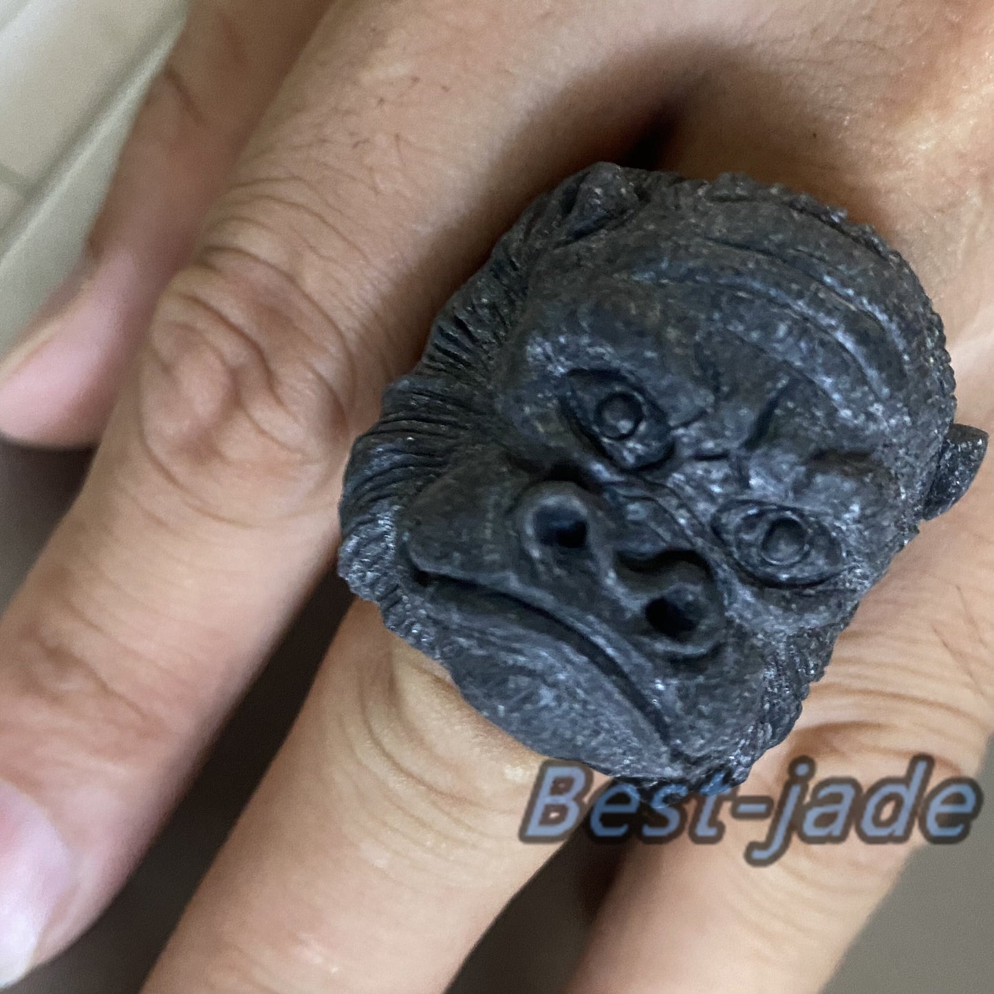 3D Gorilla Natural Black Grade A jade Band Ring Hand carved Burma jadeite animal   Rough stone Man jewelry gift