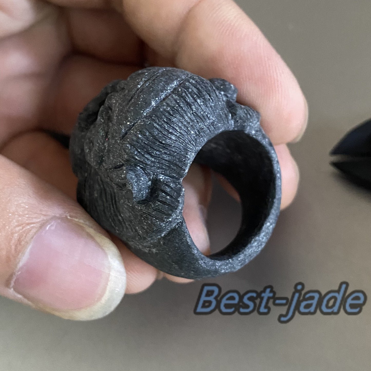 3D Gorilla Natural Black Grade A jade Band Ring Hand carved Burma jadeite animal   Rough stone Man jewelry gift