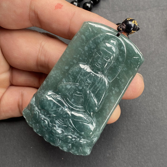 Natural Snowflakes Guatemalan jadeite Translucent Blue Grade A jade Guan yin Buddha pendant beaded necklace jade gift 翡翠A货弥勒佛