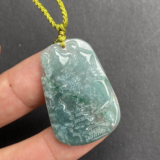 Natural Snowflakes Blue Jadeite Guatemalan jade Translucent Grade A jade Landscape  pendant scenery necklace jewelry jade gift 天然翡翠山水牌