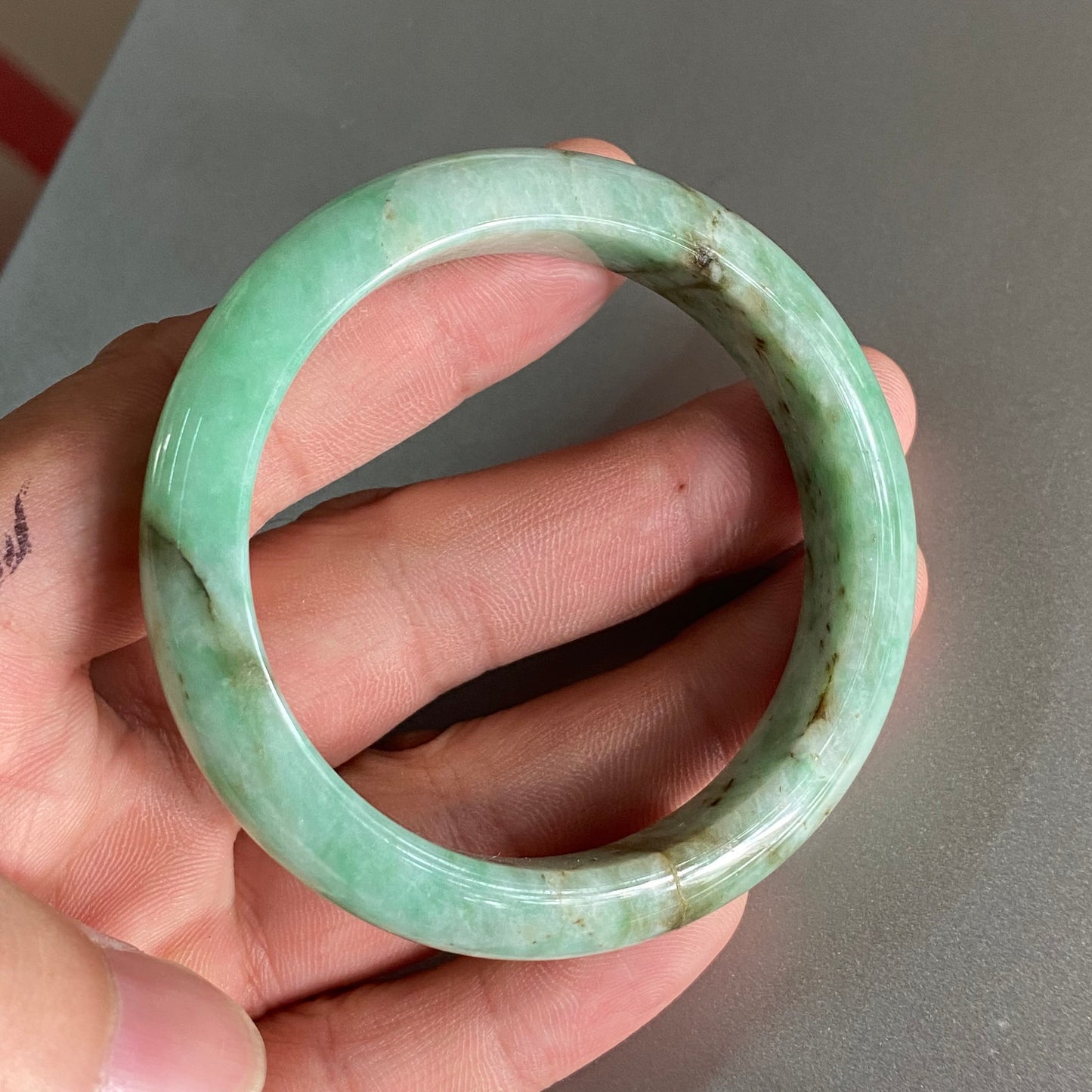 54mm Grade A Jade Natural green Round bangle Myanmar jadeite Lady Bracelet Ice green Burma Type A stone small hand female bangle  翡翠飘花手镯