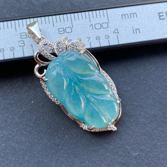 Beautiful Guatemalan jadeite Translucent Green Blue Grade A jade Leaf pendant 925 Sterling Silver button bail necklace Jewelry jade gift