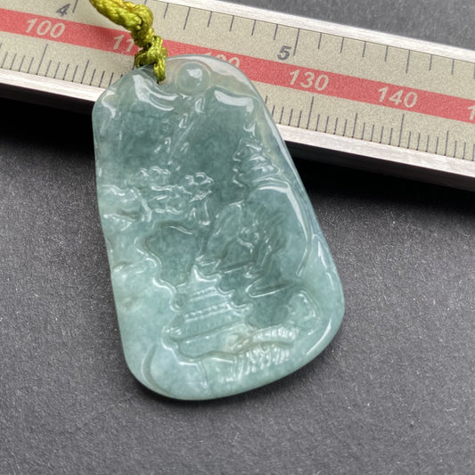 Natural Snowflakes Blue Jadeite Guatemalan jade Translucent Grade A jade Landscape  pendant scenery necklace jewelry jade gift 天然翡翠山水牌