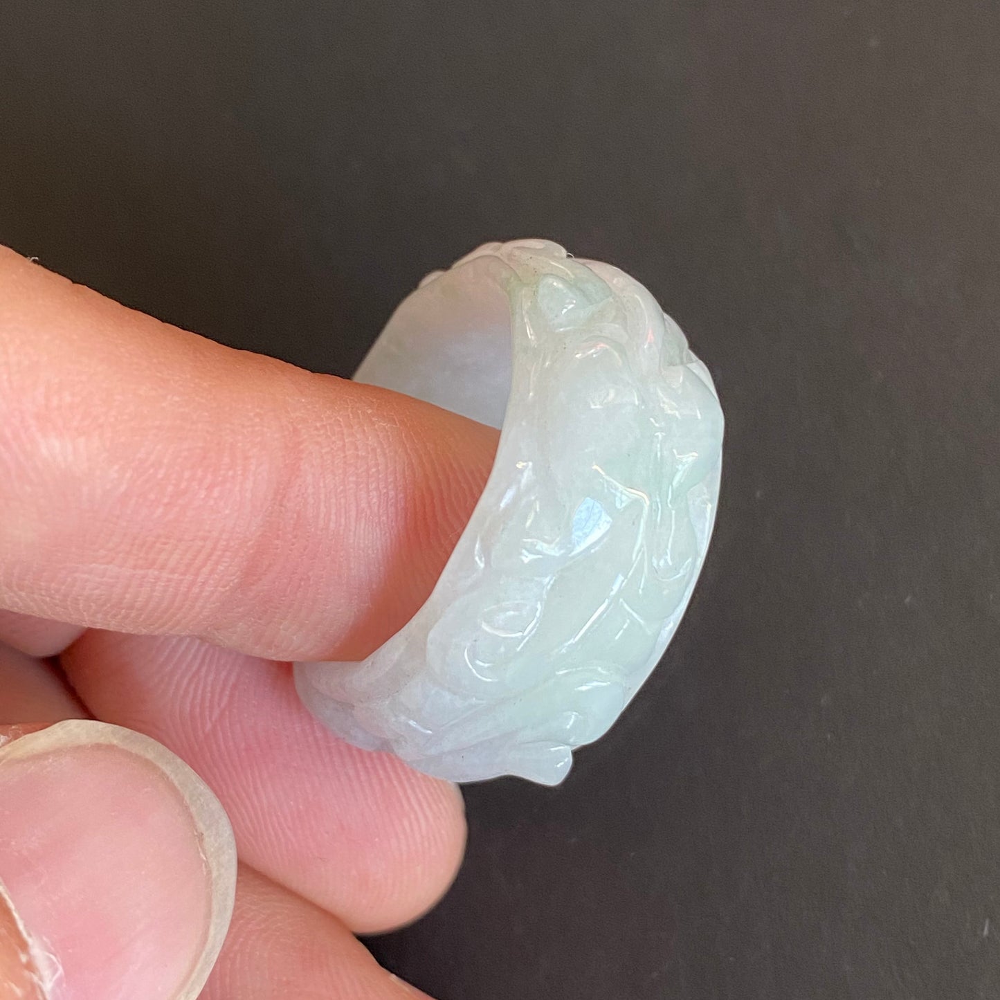 US size13 Custom Carved Double Pixiu Grade A jade wide Band Dragon Ring Natural Burma Jadeite Hand carved bead gemstone Lady jadeware gift