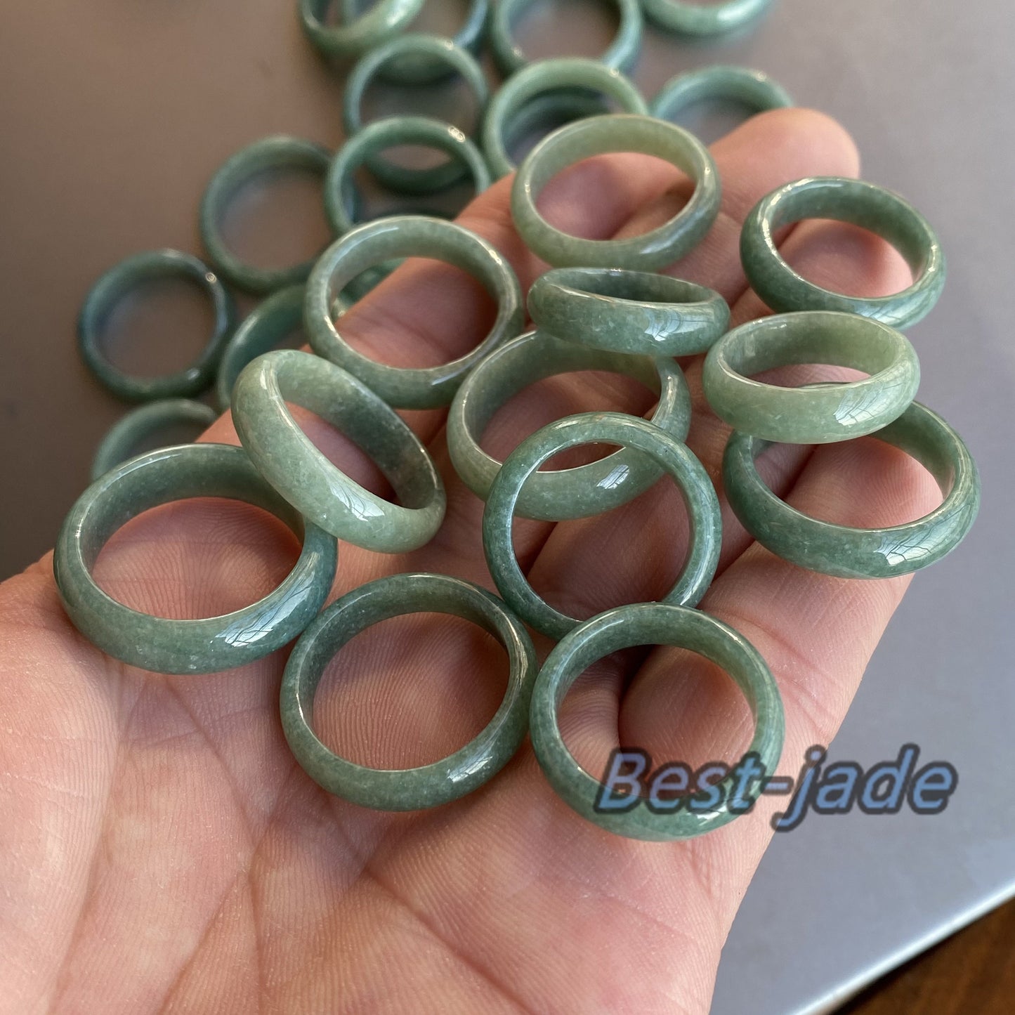 US size 5-10 Narrow Ring Natural Grade A Jadeite Ice Green Jade gemstone Burma Jade bead lady female kid band ring